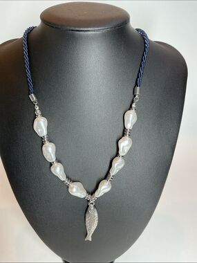 Silver Fish and Freshwater Pearl Necklace with Navy blue cord, adjustable